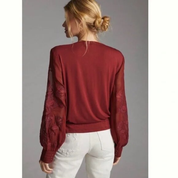 ANTHROPOLOGIE Floral Embroidered Lace long Sleeve Top Blouse - Picture 5 of 16